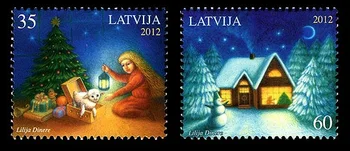 2 ШТ, почтовые марки Латвии, 2012, рождественские марки, настоящий оригинал, высокое качество, коллекция марок