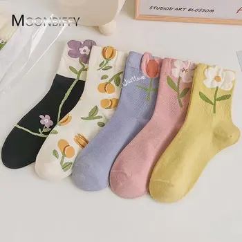 2022 Женские Носки в Японском Корейском стиле с мультяшным цветком Карамельного цвета Harajuku Kawaii Носки средней длины Дышащие Повседневные Короткие Носки