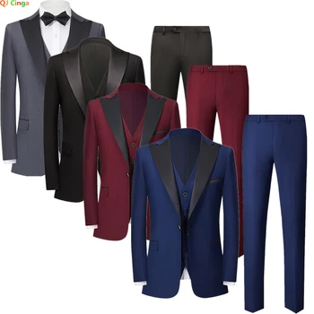 2023 Новые смокинги для жениха, мужские костюмы с черными отворотами, свадебный блейзер для шафера (куртка + брюки + жилет) Мужские костюмы большого размера S-5XL 6XL