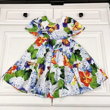 2023 Последний стиль, платье принцессы для девочек хорошего качества, синее платье с цветочным рисунком, летняя новая детская одежда для маленьких девочек из чистого хлопка