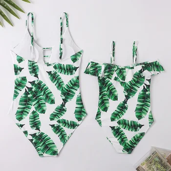 2023 Цельный купальник Женское бикини с принтом зеленых листьев, подходящий для семьи купальник для мамы и дочки, пляжная одежда