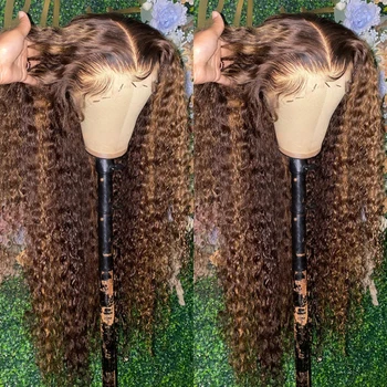 30-дюймовый парик с изюминкой Омбре на кружеве, Водяные Кудрявые парики из человеческих волос цвета медовой блондинки, парики с глубокой волной спереди для чернокожих женщин