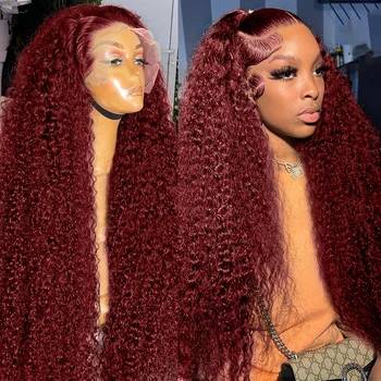 99J Темно-волнистые бордовые кудрявые парики из человеческих волос 13x4, кружевной парик спереди, Т-образная часть, кружевные парики спереди, Бразильский Реми для чернокожих женщин