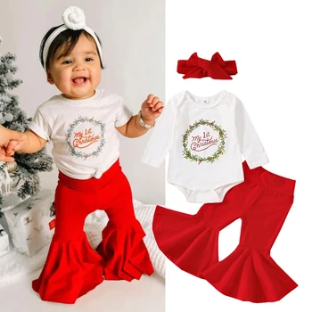 FOCUSNORM 0-18 м, 3 шт., Рождественские комплекты одежды для маленьких девочек, комбинезон с длинными рукавами и буквенным принтом + Однотонные расклешенные брюки, лента для волос