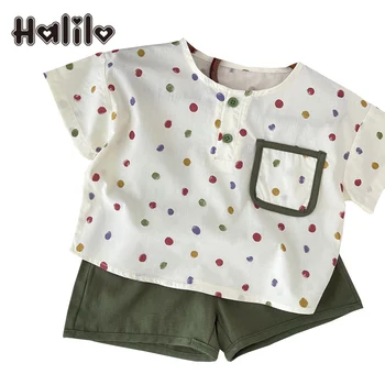 Halilo Летняя одежда для малышей для мальчиков, хлопковые рубашки в горошек + Короткие штаны, Комплекты детской одежды из двух предметов