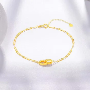 Labb Настоящее 18-каратное золото, длинный браслет с двойным кольцом, аутентичный браслет с геометрической застежкой Au750, женские ювелирные изделия, подарок B0011