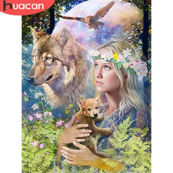 Алмазная вышивка HUACAN, картина с изображением женщины-волка, портрет, полная Квадратная Круглая мозаика, Луна, творческие хобби, Декор стен