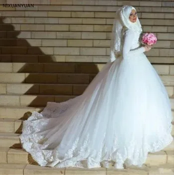 Арабские Турецкие исламские Мусульманские свадебные платья с вуалью 2023 Кружевное бальное платье с длинным рукавом Свадебное платье принцессы Vestidos