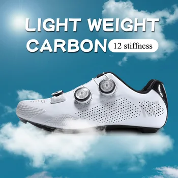 Велосипедная обувь на карбоновой подошве, профессиональная самоблокирующаяся обувь СО шнуровкой, мужские кроссовки, гоночная велосипедная обувь, обувь белого цвета