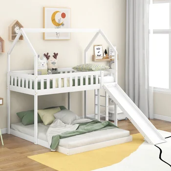 Двухъярусная кровать Twin Over Full House с горкой и встроенной лестницей \ Ограждением в полный рост\ White White Pine [на складе в США]