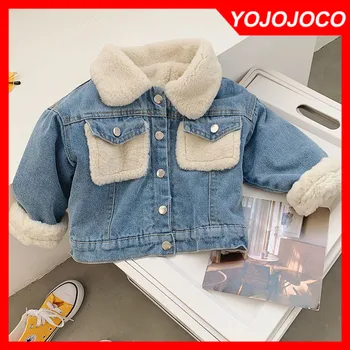 Детская одежда, зимняя модная детская джинсовая куртка, бархатная утепленная джинсовая куртка для мужчин и девочек, теплая куртка, детская куртка