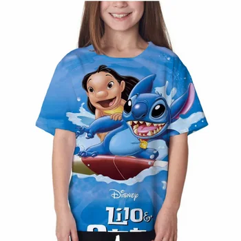 Детская одежда с принтом Disney Stitch, Новая детская повседневная толстовка с героями мультфильмов, футболка с круглым вырезом и коротким рукавом, уличная одежда для девочек
