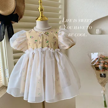 Детское платье с пышными рукавами для девочек, пышная сетчатая юбка, летнее новое милое платье принцессы для малышей, одежда для девочек