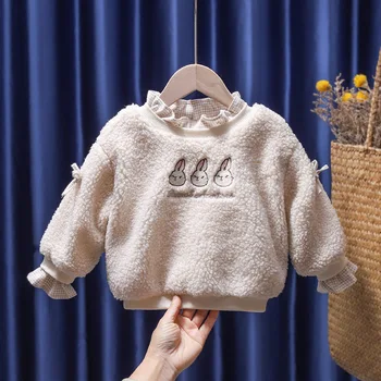 Зимняя Корейская одежда для мальчиков 2022 года для девочек, Пуловеры из зернистого бархата, свободная теплая детская толстовка с вышивкой кролика для девочек