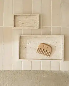 Индивидуальный оптовый поднос из травертина в стиле Ваби-саби, бежевый мраморный камень, прямоугольное украшение для ванной комнаты