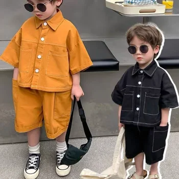 Комплект одежды для мальчиков из 2 предметов, летние модные однотонные шорты с короткими рукавами для Корейских детей, повседневный комплект одежды со штанами для маленьких мальчиков