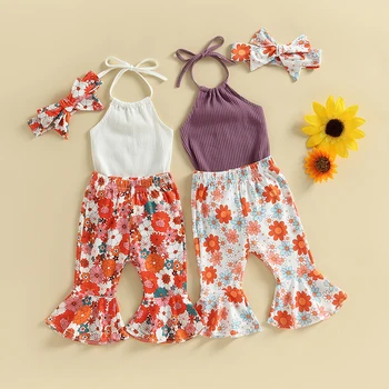 Комплекты Летней одежды из 3 предметов для маленьких девочек, однотонный комбинезон без рукавов + расклешенные штаны с цветочным рисунком, повязка на голову, наряд для 0-24 месяцев
