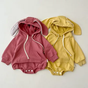 Корейский стиль, боди для маленьких мальчиков и девочек, хлопковый комбинезон с капюшоном и длинными рукавами для новорожденных, весенне-осенняя одежда для маленьких девочек