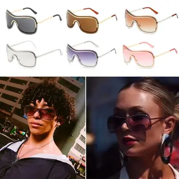 Коричнево-серебристые солнцезащитные очки большого размера с градиентом без оправы, цельные солнцезащитные очки для женщин Y2k Sun Glasses