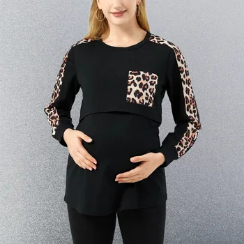 Леопардовая одежда для мамы, блузка для беременных с длинным рукавом и круглым вырезом, рубашка для грудного вскармливания, Топы, повседневный топ для беременных, одежда для кормления, Одежда для беременных