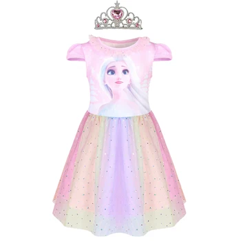 Летнее платье для девочек Frozen Anna Elsa Хлопчатобумажная юбка в радужную сетку Для маленьких девочек, одежда для косплея, Платья принцессы для домашней вечеринки
