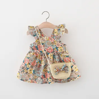 Летнее платье для девочки, Новое Винтажное платье с летящими рукавами в виде садового цветка и соломенной сумкой