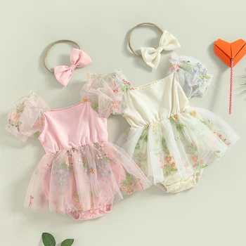 Летние наряды для маленьких девочек из 2 предметов, фатиновое платье с цветочным рисунком с пышными рукавами и повязкой на голову