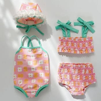 Летние Раздельные купальники для новорожденных девочек, Цветочный Пляжный отдых, Младенцы, плиссированные купальники + шапочка для плавания, Детская одежда в Корейском стиле