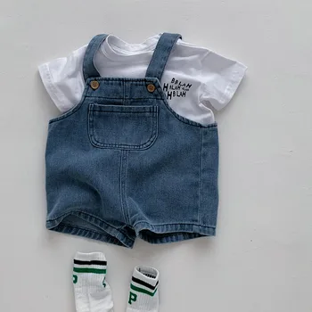 Летний новый комплект детской одежды, джинсовые подтяжки, короткие брюки + белая футболка с коротким рукавом, 2 предмета одежды, хлопковая одежда для маленьких мальчиков и девочек