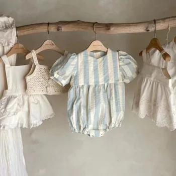 Летняя детская одежда 2023 года, боди для новорожденных девочек, полосатый цельный комбинезон Или платья принцессы с пышными рукавами для маленьких девочек