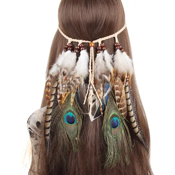Модная повязка на голову с перьями в стиле бохо для женщин, аксессуары для волос для фестиваля 2022, Регулируемый тюрбан из павлиньих перьев, женская повязка на голову с регулировкой