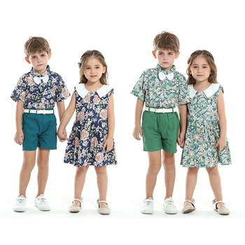 Модные комплекты одежды для братьев и сестер, комплекты для близнецов, комплект рубашек + шорт для маленьких мальчиков, платье принцессы с цветами для девочек