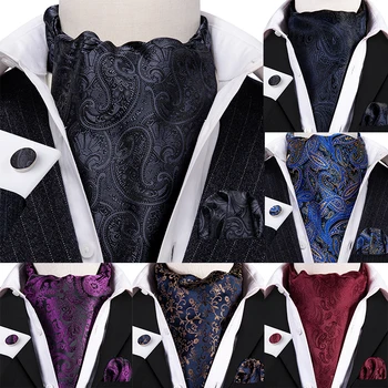 Модный черный шелковый галстук Ascot, мужской жаккардовый галстук с узором Пейсли, Карманные квадратные запонки для свадебной вечеринки Barry.Wang AS-001