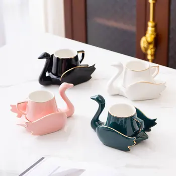 Набор кофейных чашек Nordic Creative Swan с золотым ободком Маленькие Симпатичные Белые Черные Зеленые Розовые Керамические кружки для послеобеденного чая с молоком и кофе