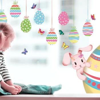Наклейка на стену с пасхальным яйцом и кроликом, Мультяшный декор для детской спальни, наклейка для класса в детском саду, Противообрастающий Съемный
