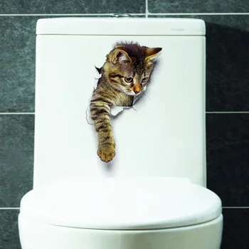 Наклейка на унитаз с рисунком кошки с дыркой в туалете, украшение для дома, яркие 3D наклейки на стены, ПВХ наклейки с изображением животных, художественные панно