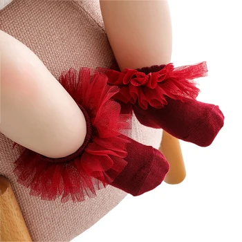 Носки Для маленьких девочек, хлопчатобумажные носки из однотонной кружевной сетки, вязаные носки для новорожденных принцесс, милые носки с оборками для девочек