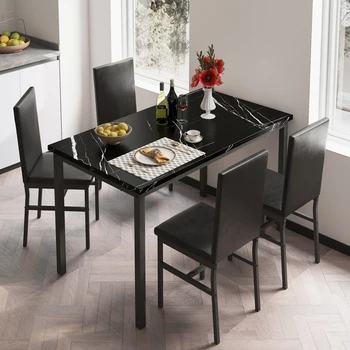 Обеденный набор из 5 предметов, кухонный стол из 5 предметов с мраморной столешницей, 4 прочных черных стула с обивкой из искусственной кожи Идеально подходят