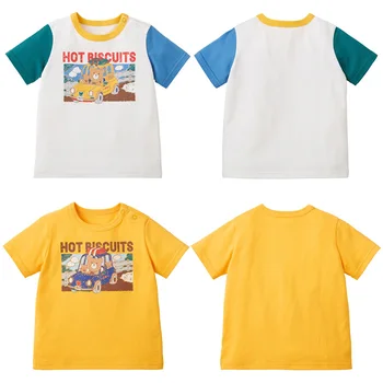Одежда для мальчиков и девочек, детская одежда Miki, Летняя футболка с короткими рукавами и рисунком рябого медведя, топ с круглым вырезом