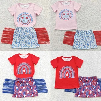 Оптовая продажа, 4 июля, Летний комплект для малышей, детская розовая рубашка с короткими рукавами, Синяя леопардовая юбка с кисточками, новый наряд для девочки