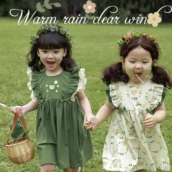 Осенне-весеннее хлопковое платье трапециевидной формы с длинными рукавами для маленьких девочек, детская повседневная одежда с милой вышивкой и мультяшным рисунком, Мягкий комфорт для детей 2-7 лет