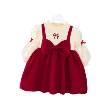 Осеннее платье принцессы с красной юбкой для девочек, детская повседневная одежда в стиле ретро с длинным рукавом для дня рождения, детская одежда для малышей