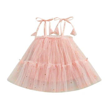 Платье трапециевидной формы без рукавов для маленьких девочек, на бретельках-спагетти, двухслойное платье принцессы с принтом звезд на подоле