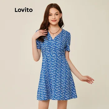 Повседневное платье Lovito Ditsy с цветочным V-образным вырезом L20D300 (синий)