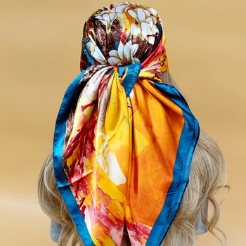 Популярный дизайн 2023 года, модные шелковые хиджабы, квадратные шарфы размером 90X90 см, Новая модель Солнцезащитных пляжных шалей The Four Seasons, Женский головной платок