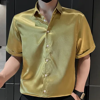 Простая однотонная мужская атласная рубашка с отворотом, повседневная рубашка с коротким рукавом, блестящая домашняя сорочка для светской вечеринки, уличная одежда для мужчин, одежда
