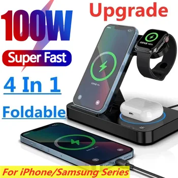 Складная Беспроводная Зарядная Станция Мощностью 100 Вт 4 в 1 Для iPhone 14 13Pro Apple Watch 7/6 Для Samsung Galaxy Watch Зарядные Устройства 4/3 S22 S21