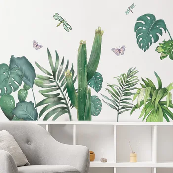 Тропические растения, наклейки на стены в виде стрекоз, Зеленая природа, Джунгли, Листья деревьев, Кактус, наклейки на стены в виде бабочек, украшение дома