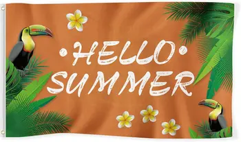 Флаг Hello Summer 3x5 Футов, Баннерные украшения, Тропические деревья, Птицы, Цветы, Вывеска во дворе, Принадлежности для вечеринок, Праздничные украшения
